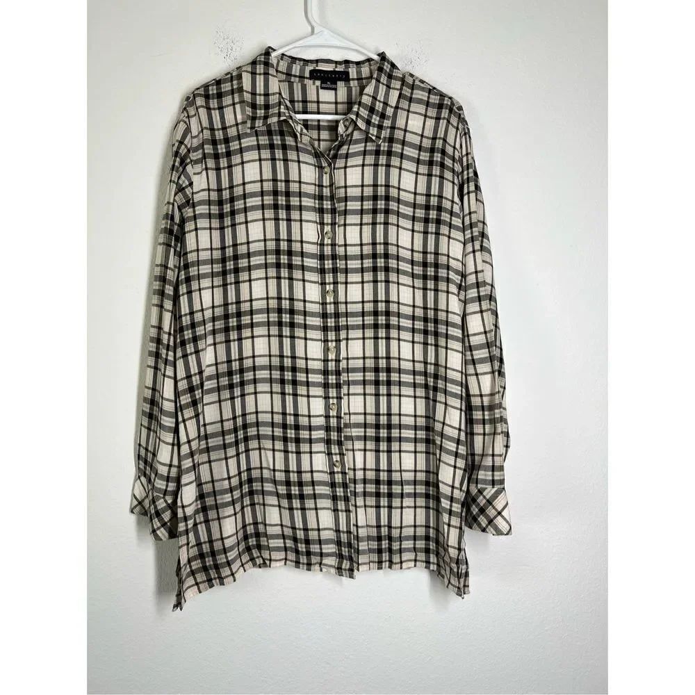Anthropology Sanctuary Plaid Black White Women’s Long Sleeve Shirt Button Up
